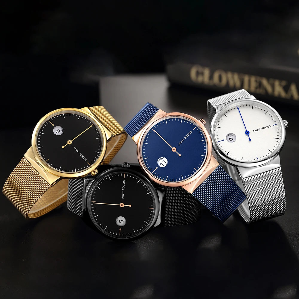 MINI FOCUS Men's Business Quartz Watches Mesh Strap Stainless Steel 3 Bar Waterproof Simple Wristwatch Man Relogios 0182G White