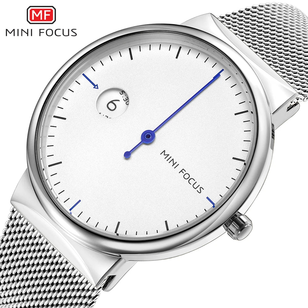 MINI FOCUS Men's Business Quartz Watches Mesh Strap Stainless Steel 3 Bar Waterproof Simple Wristwatch Man Relogios 0182G White
