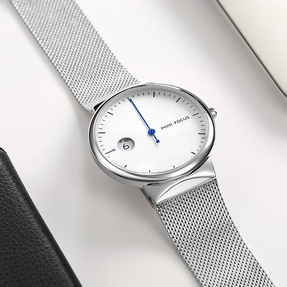 MINI FOCUS Men's Business Quartz Watches Mesh Strap Stainless Steel 3 Bar Waterproof Simple Wristwatch Man Relogios 0182G White