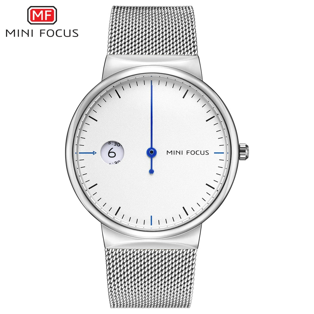 MINI FOCUS Men's Business Quartz Watches Mesh Strap Stainless Steel 3 Bar Waterproof Simple Wristwatch Man Relogios 0182G White
