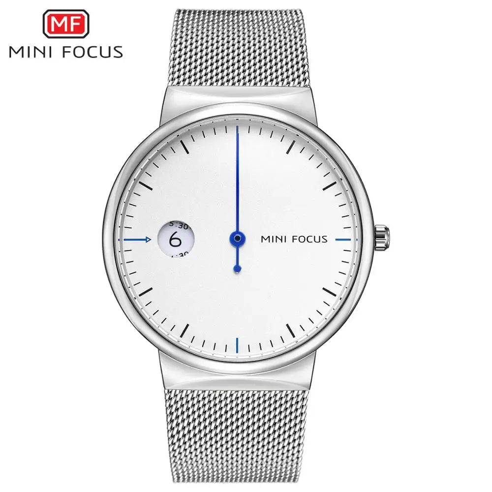 MINI FOCUS Men's Business Quartz Watches Mesh Strap Stainless Steel 3 Bar Waterproof Simple Wristwatch Man Relogios 0182G White