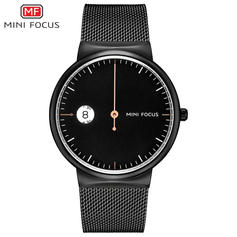 MINI FOCUS Men's Business Quartz Watches Mesh Strap Stainless Steel 3 Bar Waterproof Simple Wristwatch Man Relogios 0182G White