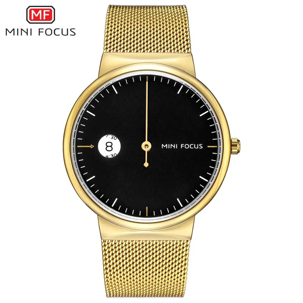 MINI FOCUS Men's Business Quartz Watches Mesh Strap Stainless Steel 3 Bar Waterproof Simple Wristwatch Man Relogios 0182G White